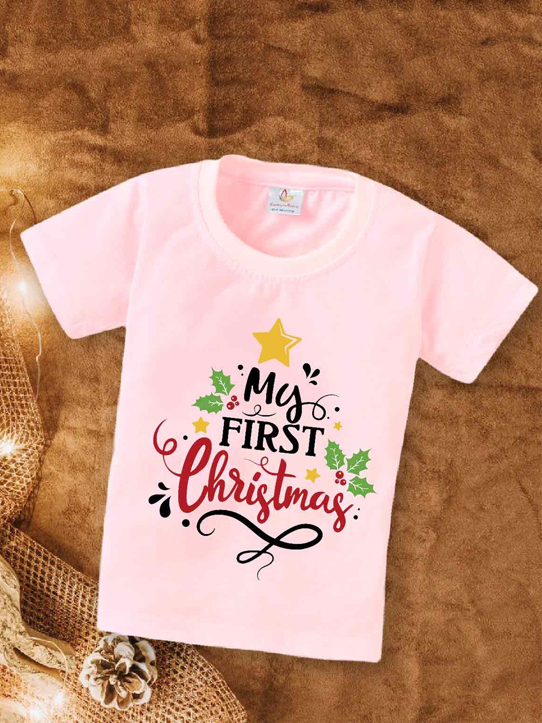 

Babywish Kids My 1st Christmas Printed Relaxed Fit Cotton T-shirt, Pink