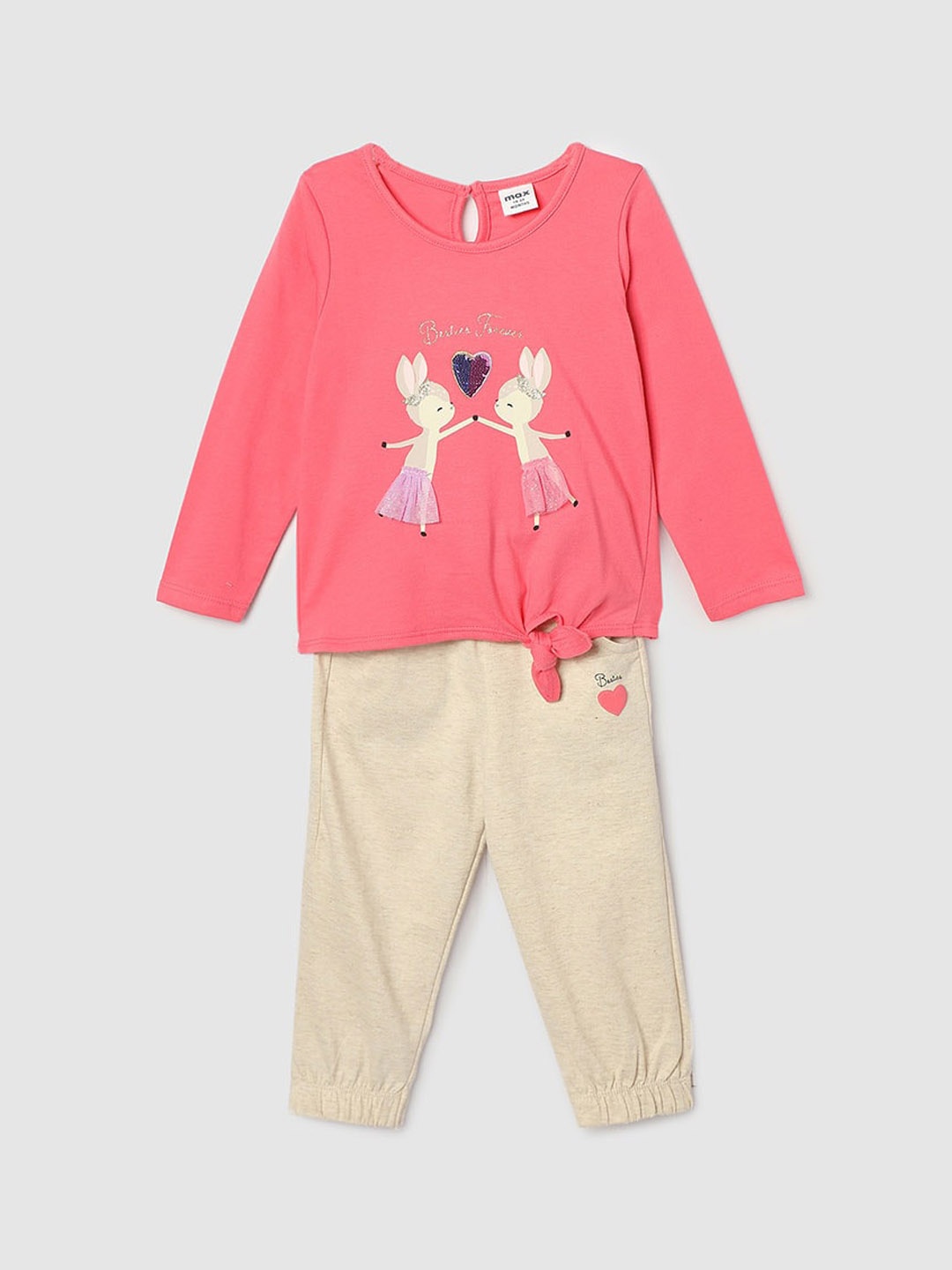 

max Girls Graphic Printed Long Sleeve Pure Cotton Night suit, Peach