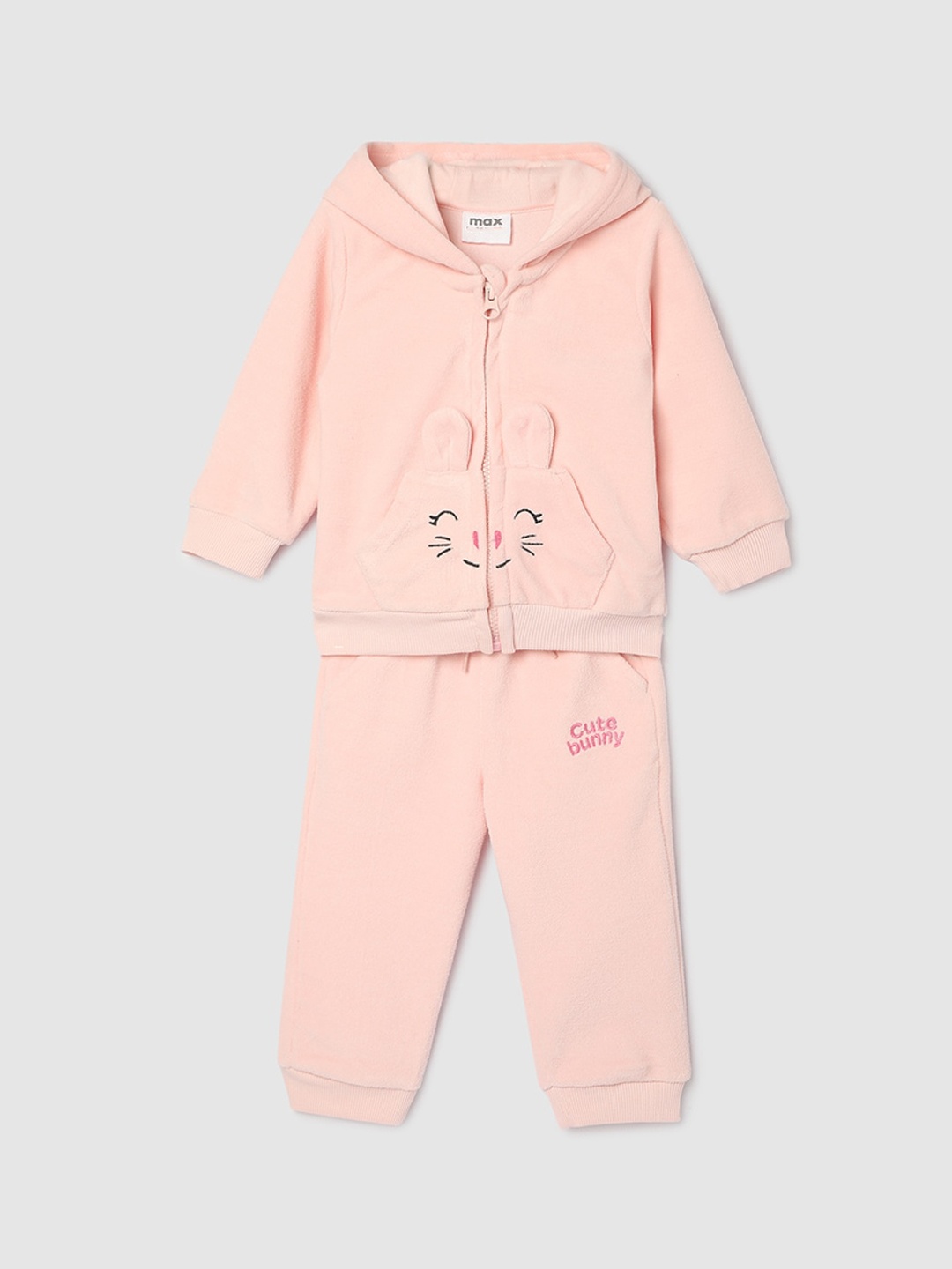 

max Infant Girls Bunny Printed Long Sleeves Hood Night Suit, Pink