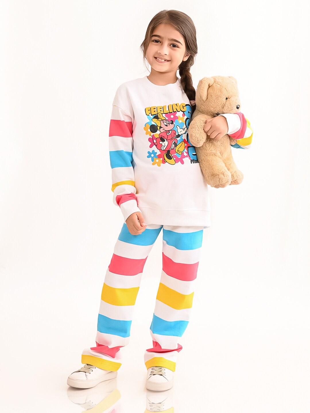

BONKIDS Girls Printed Pure Cotton Top with Pyjamas, White
