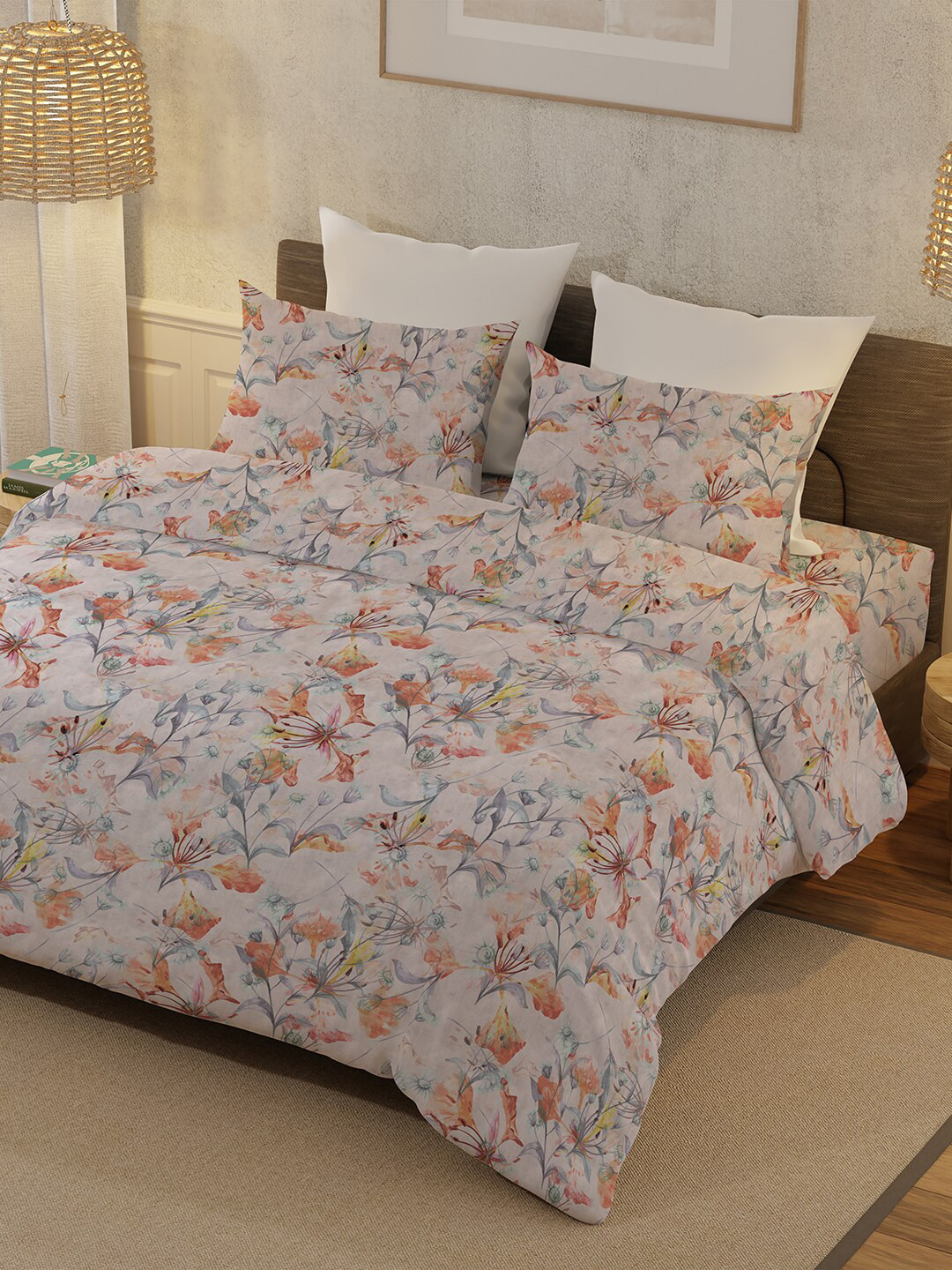 

BELLA CASA White Blue Floral Cotton 400 TC King Bedsheet with 2 Pillow Covers