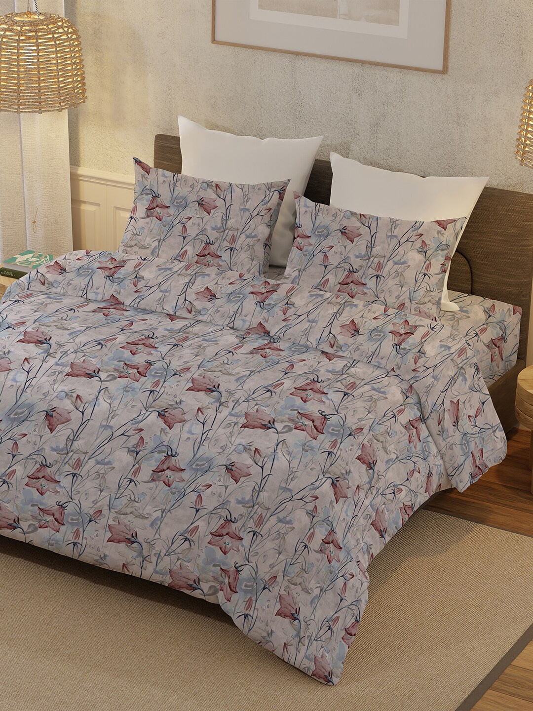 

BELLA CASA Cream Pink Floral Cotton 400 TC King Bedsheet with 2 Pillow Covers