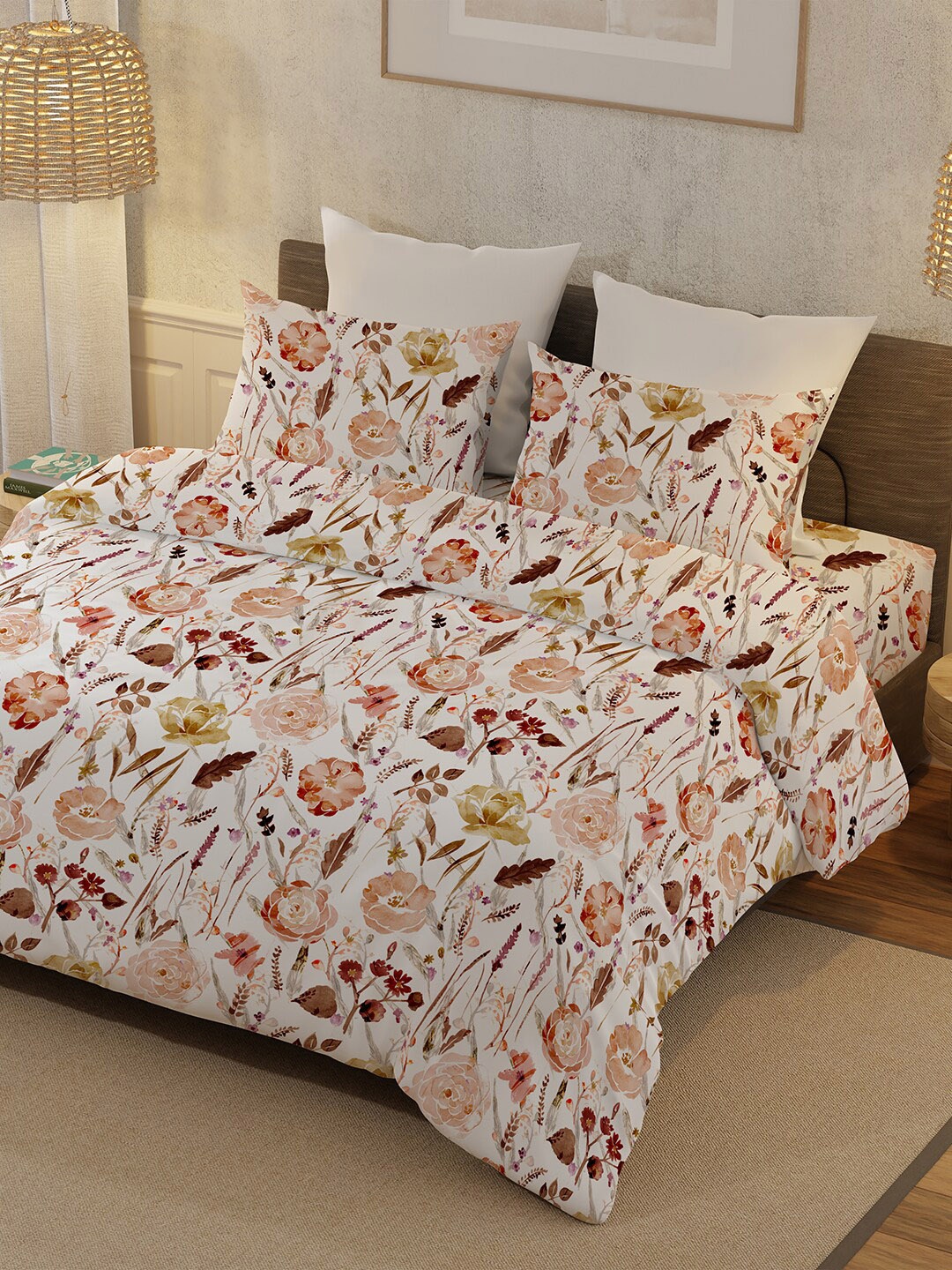 

BELLA CASA White & Red Floral Printed Cotton 400 TC King Bedsheet With 2 Pillow Covers