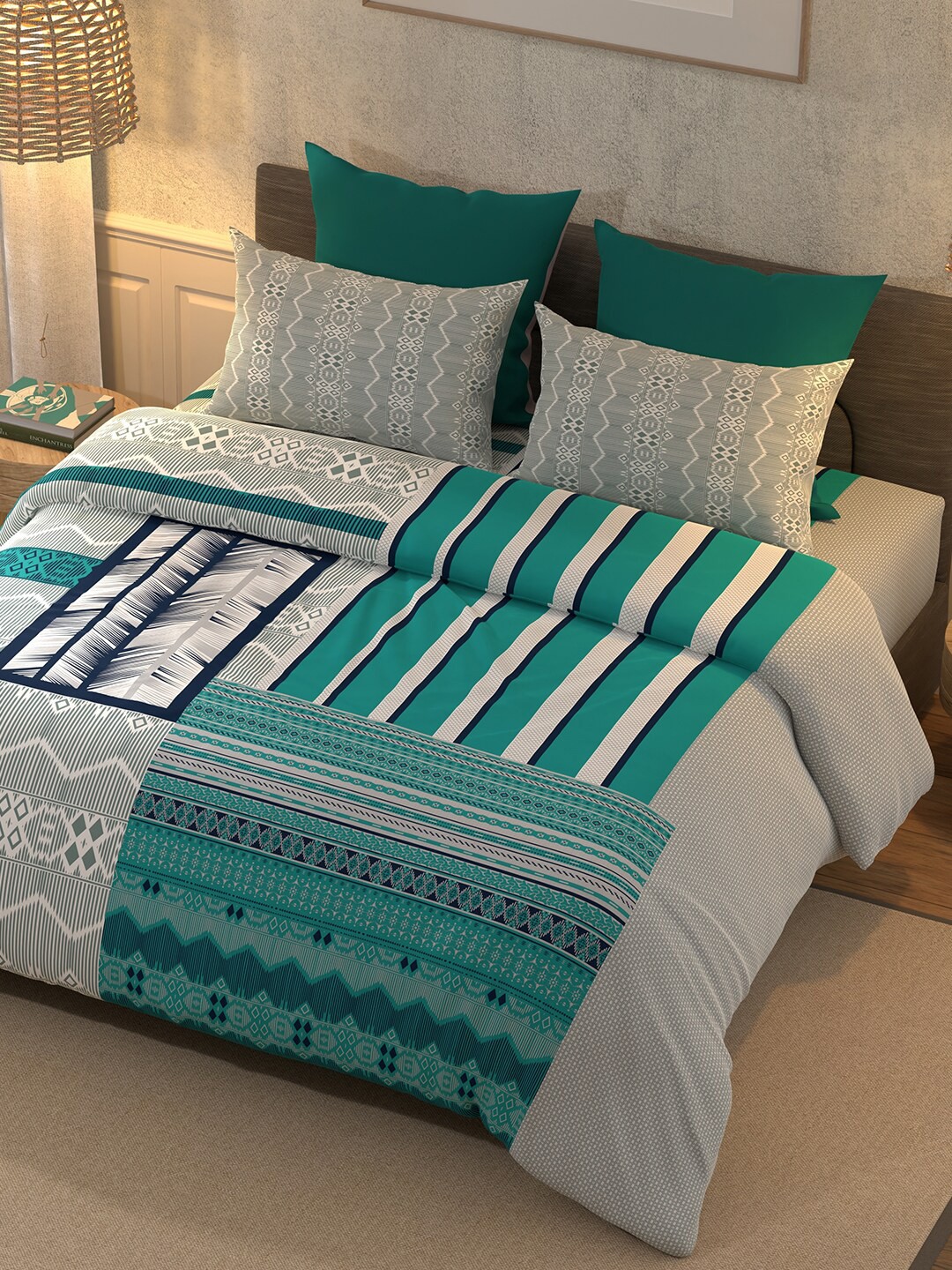 

BELLA CASA Blue & Grey Geometric Cotton 400 TC King Bedsheet with 2 Pillow Covers