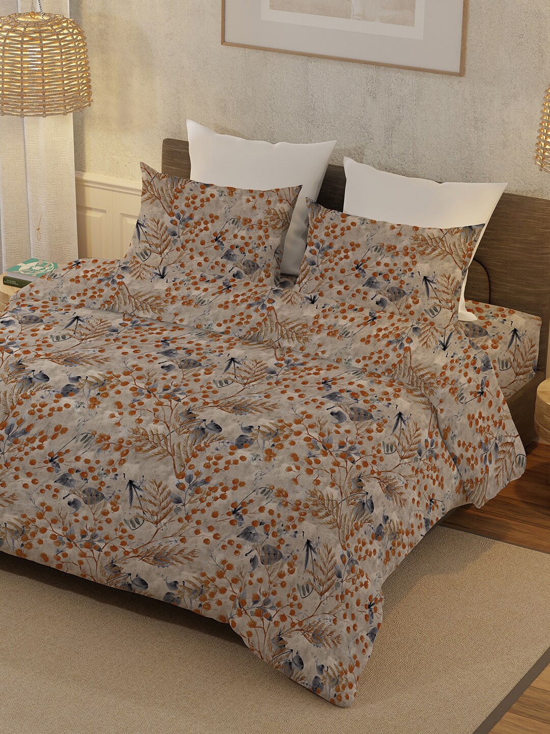 

BELLA CASA Brown & Red Floral Cotton 400 TC King Bedsheet with 2 Pillow Covers