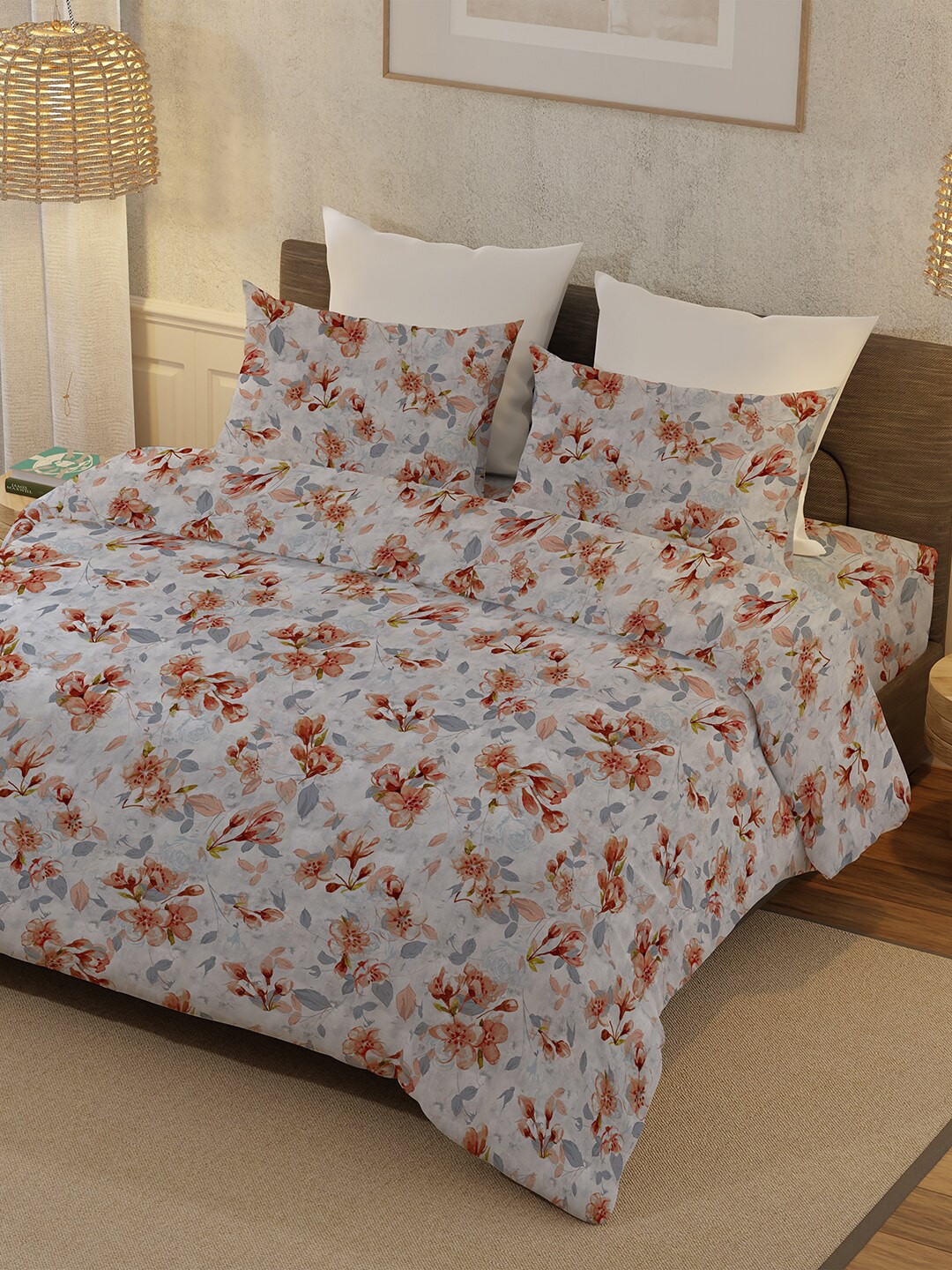 

BELLA CASA Grey & Orange Floral Cotton 400 TC King Bedsheet with 2 Pillow Covers
