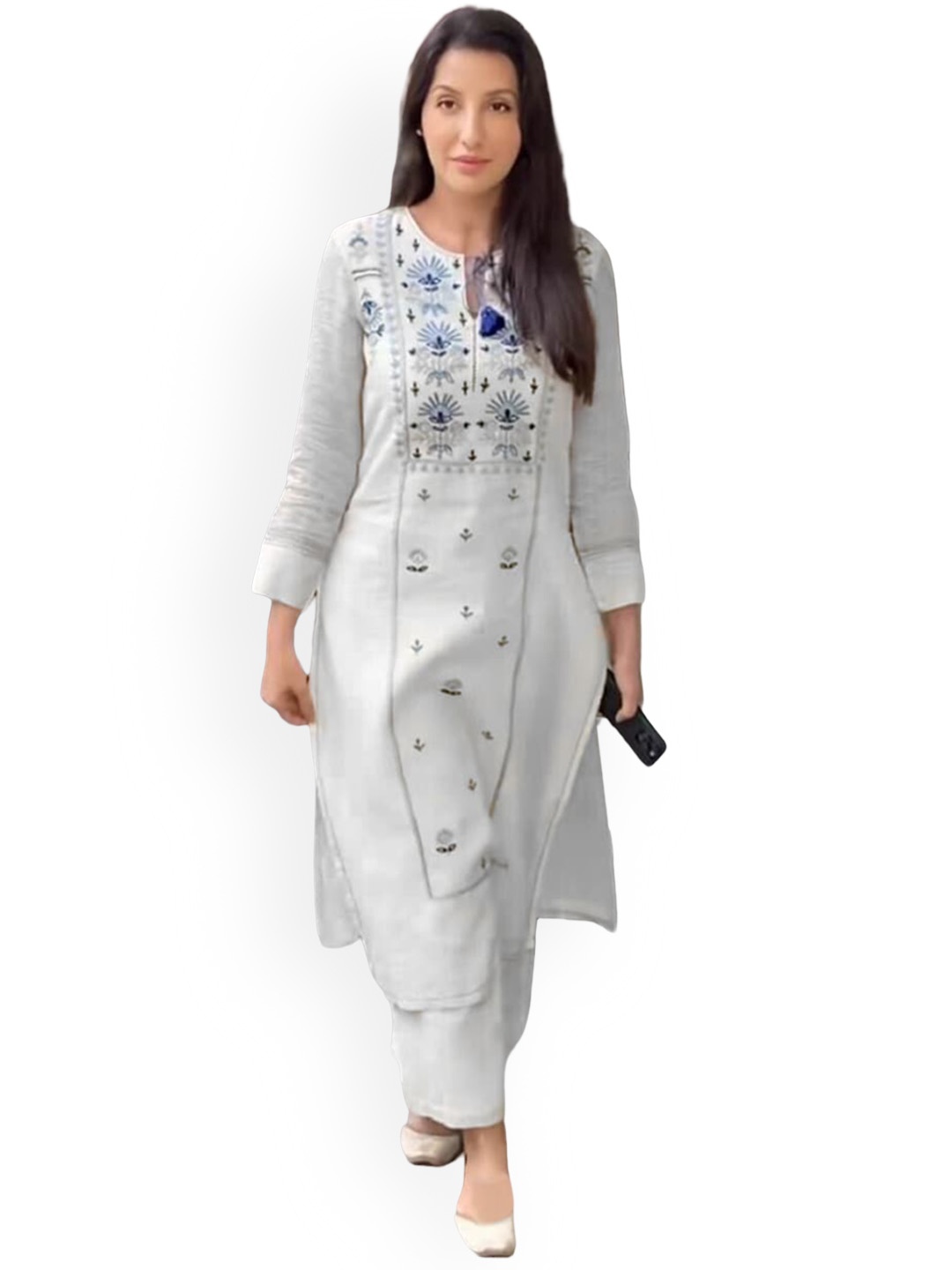 

PERFECTBLUE Floral Embroidered Tie-Up Neck Kurta With Trouser, White