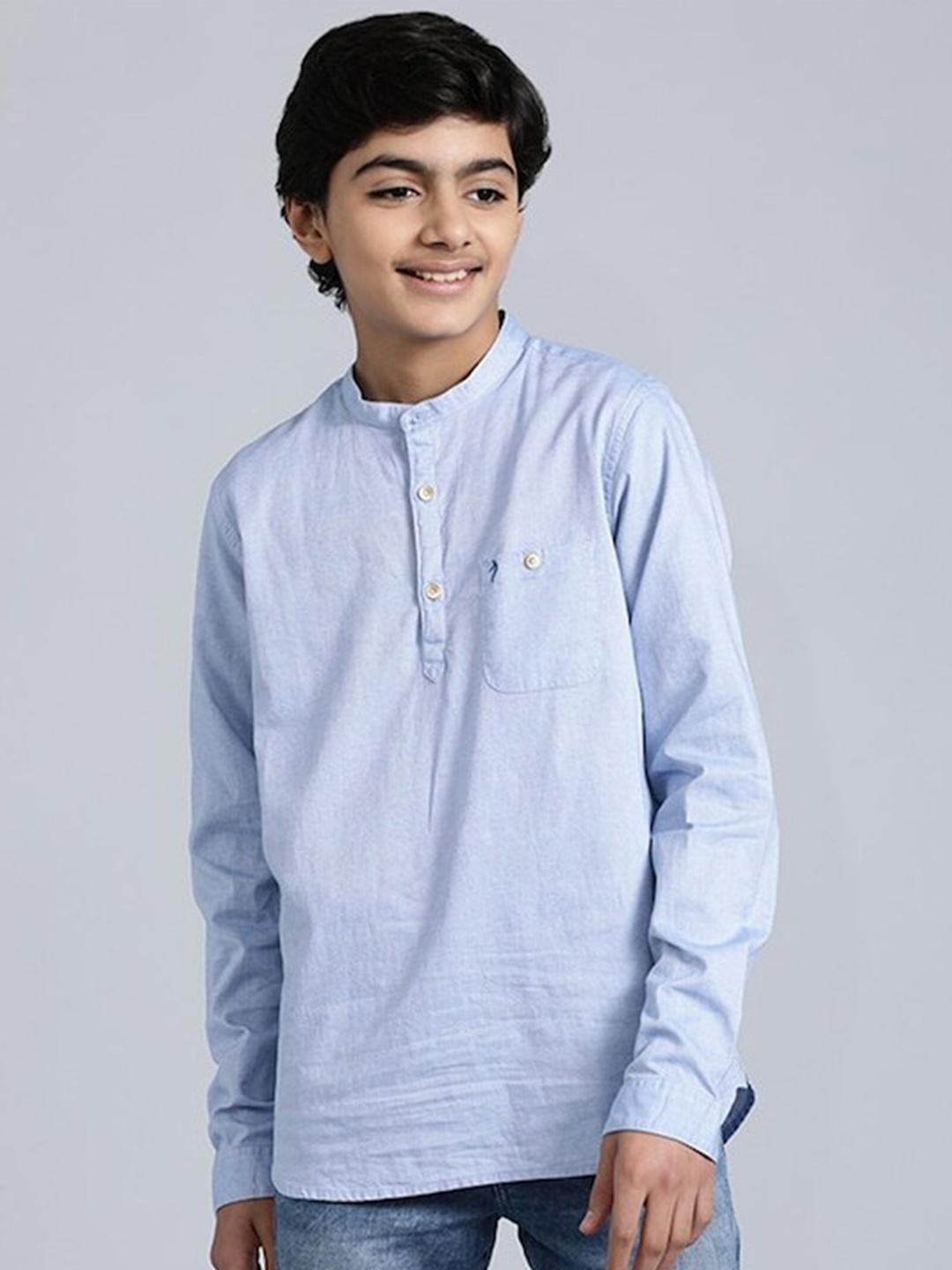 

Indian Terrain Boys Mandarin Collar Pure Cotton Casual Shirt, Blue