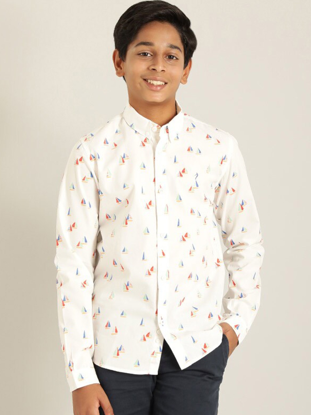 

Indian Terrain Boys Conversational Printed Pure Cotton Shirt, White