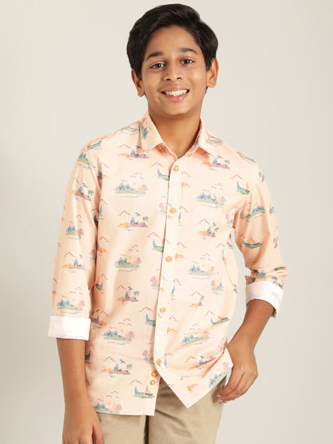 

Indian Terrain Boys Conversational Printed Pure Cotton Casual Shirt, Peach