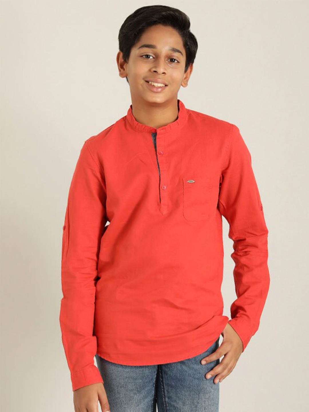 

Indian Terrain Boys Mandarin Collar Roll Up Sleeves Casual Shirt, Red