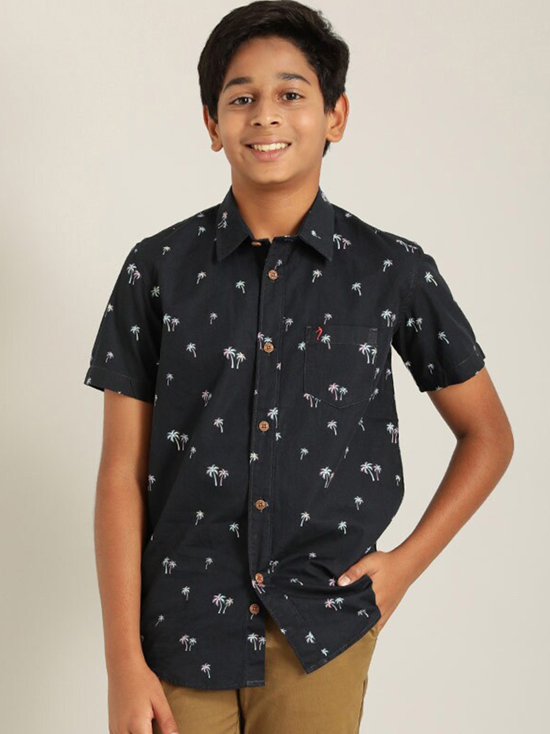 

Indian Terrain Boys Floral Printed Pure Cotton Shirt, Navy blue