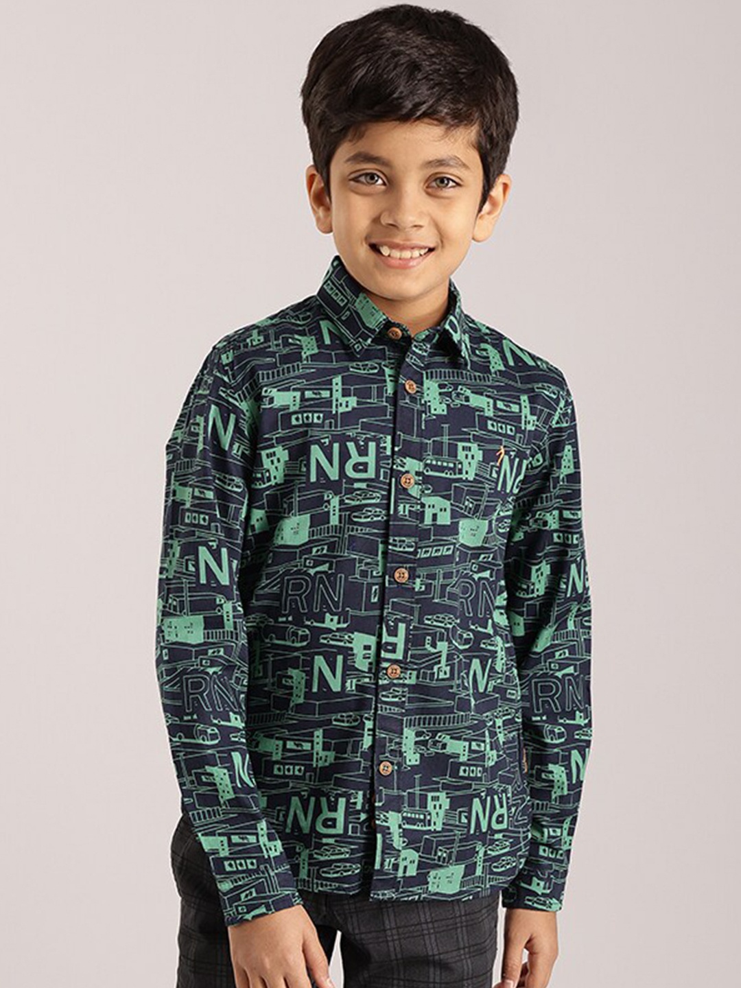 

Indian Terrain Boys Conversational Printed Pure Cotton Casual Shirt, Navy blue