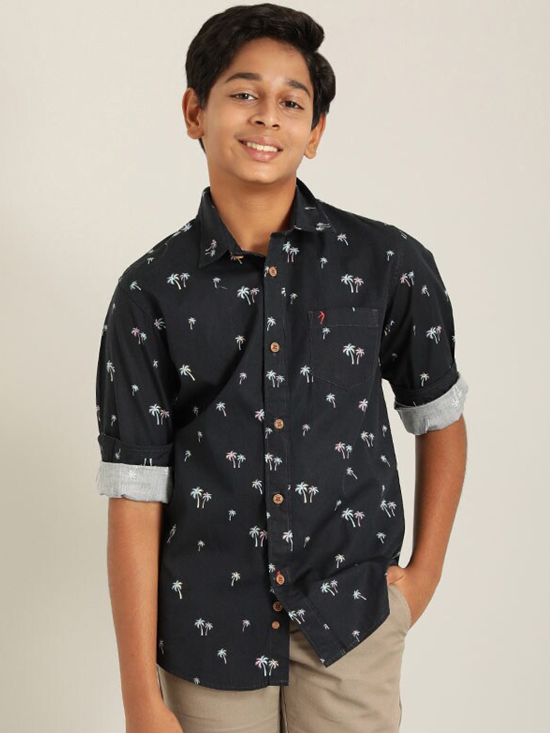 

Indian Terrain Boys Tropical Printed Cotton Casual Shirt, Navy blue
