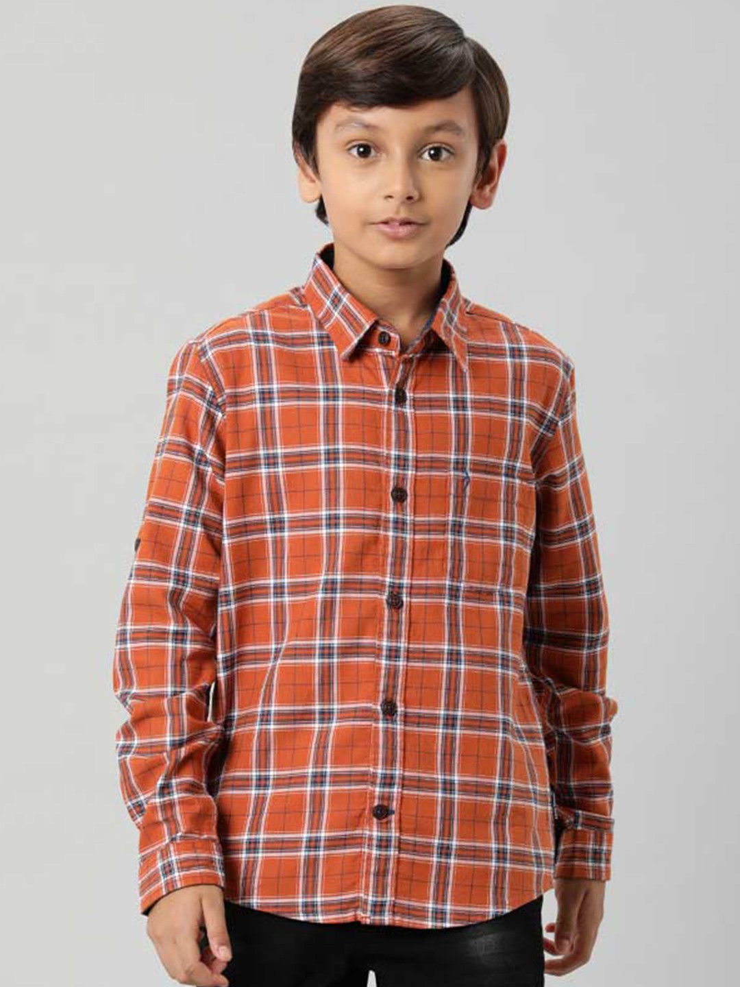 

Indian Terrain Boys Tartan Checked Roll Up Sleeves Pure Cotton Casual Shirt, Brown