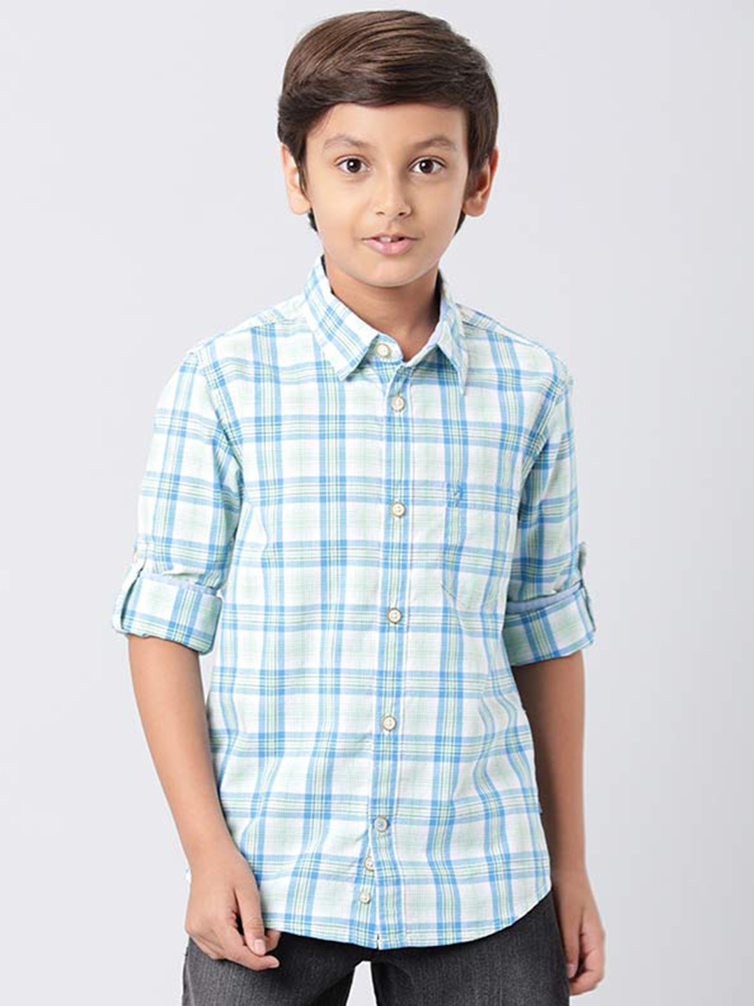 

Indian Terrain Boys Tartan Checks Roll-Up Sleeves Casual Shirt, Green