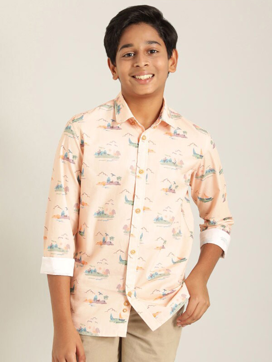 

Indian Terrain Boys Graphic Printed Cotton Casual Shirt, Peach