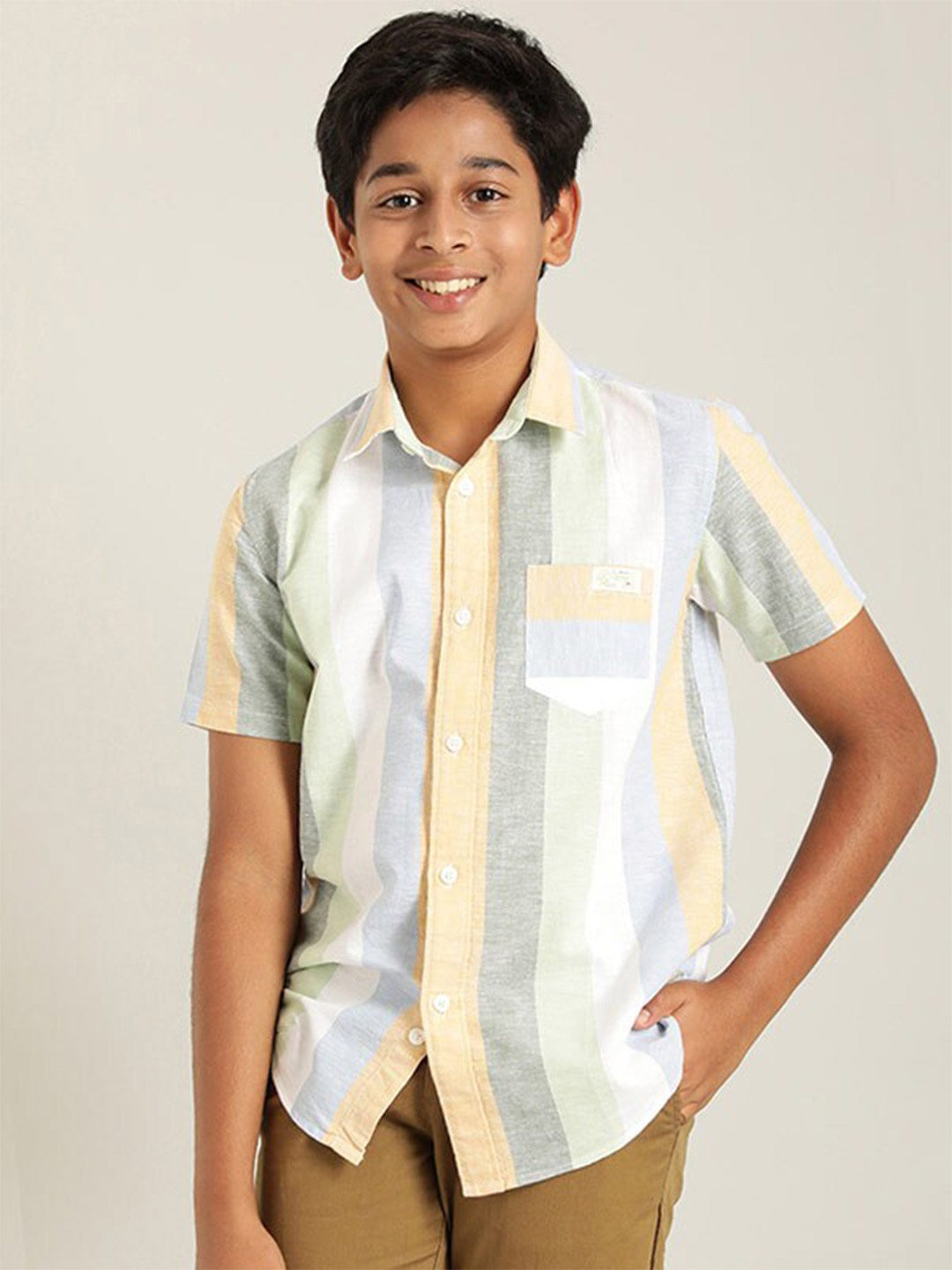 

Indian Terrain Boys Vertical Striped Cotton Linen Casual Shirt, Green
