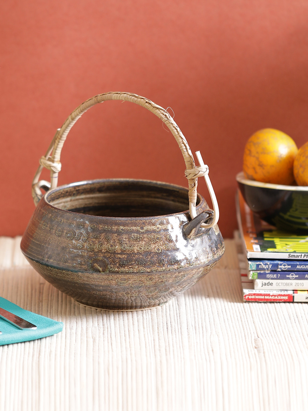 

VarEesha Brown Ceramic Handi Serving Bowl with Cane Handle