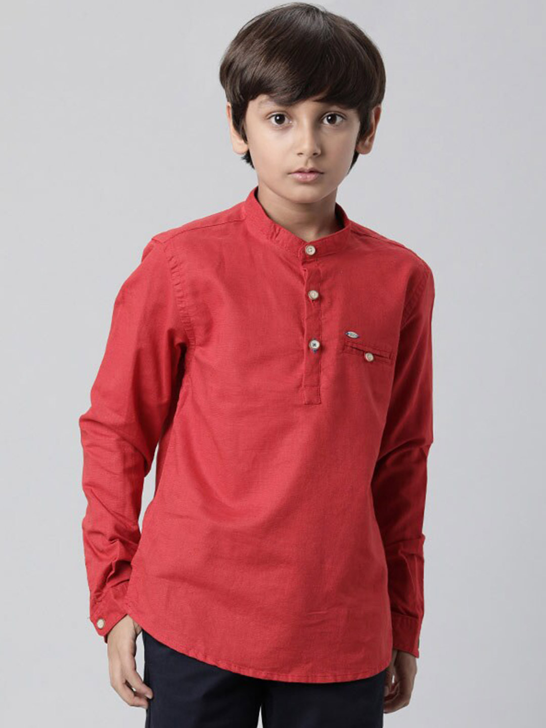 

Indian Terrain Boys Band Collar Cotton Linen Casual Shirt, Red