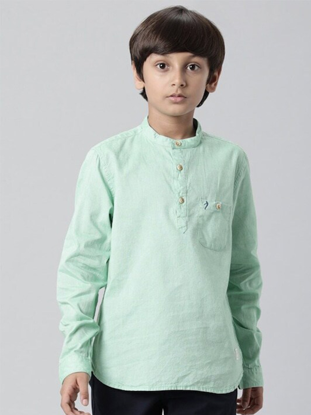 

Indian Terrain Boys Band Collar Cotton Casual Shirt, Green