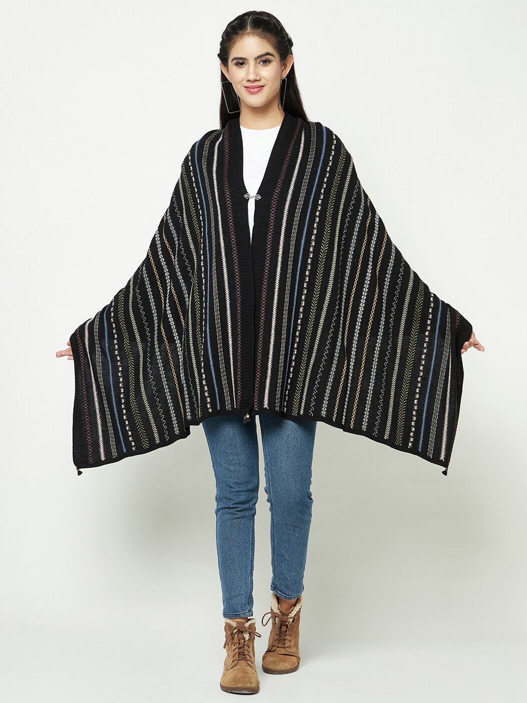 

Knitstudio Women Striped Woven-Design Shawl, Black