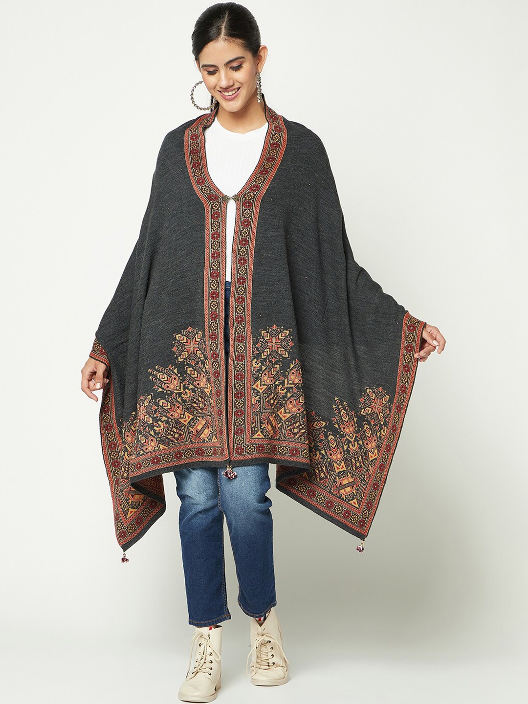 

Knitstudio Ethnic Motifs Woven Design Shawl, Grey