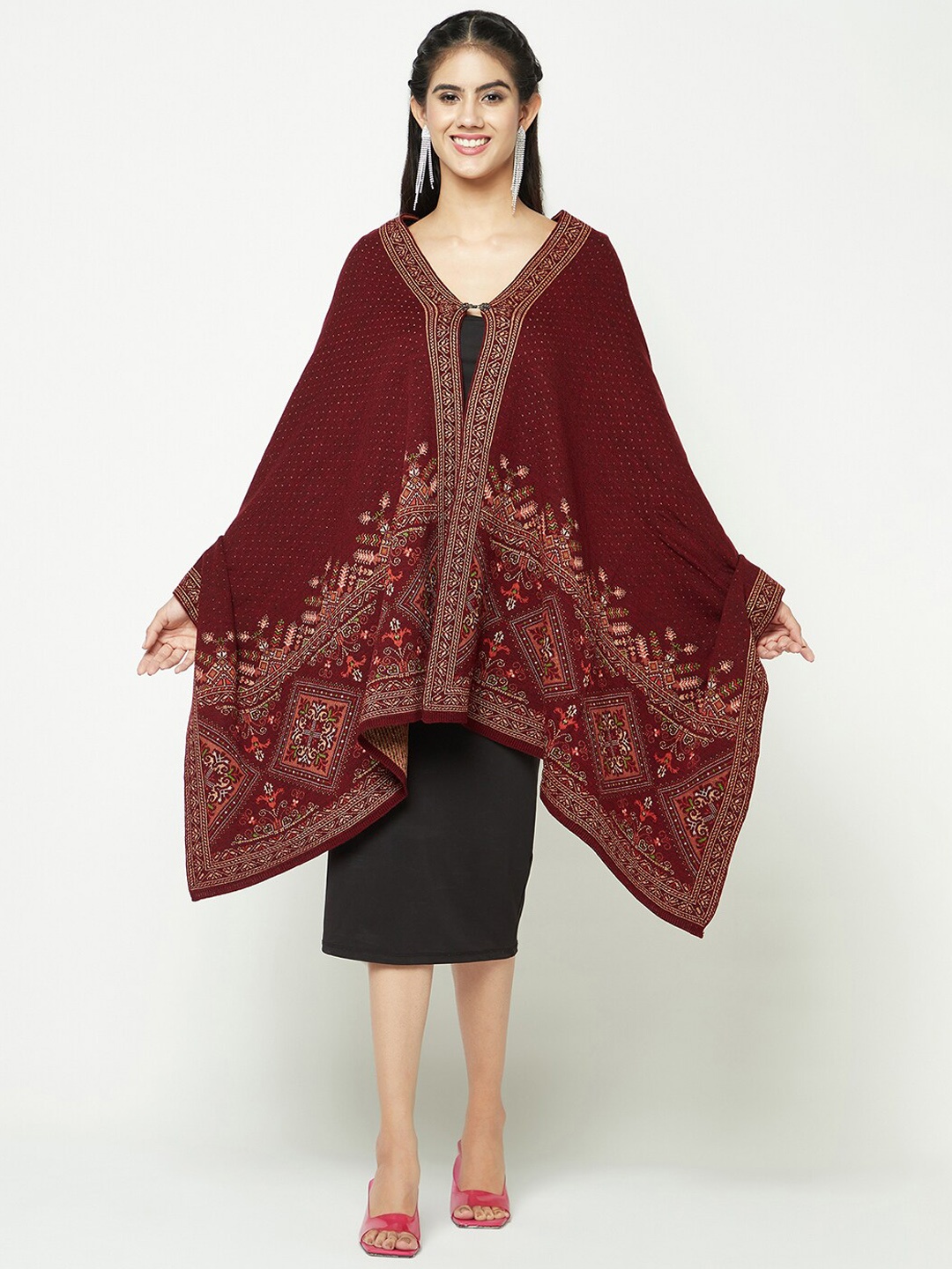 

Knitstudio Ethnic Motifs Self Design Shawl, Maroon