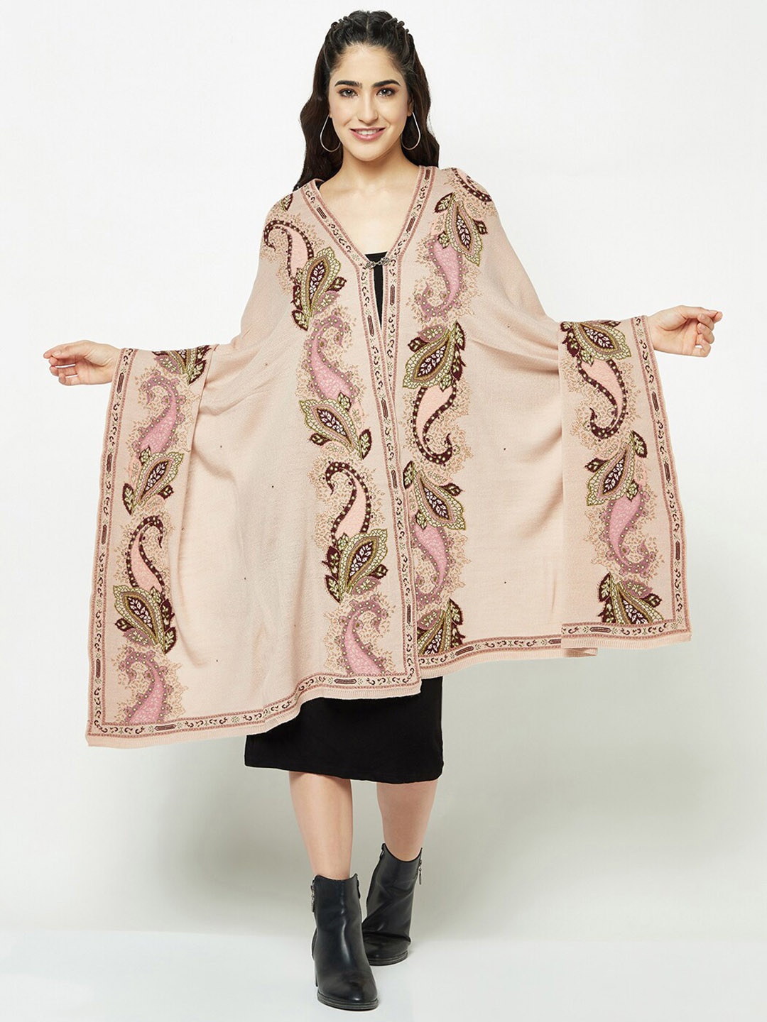 

Knitstudio Ethnic Motifs Woven-Design Acrylic Woollen Shawl, Pink