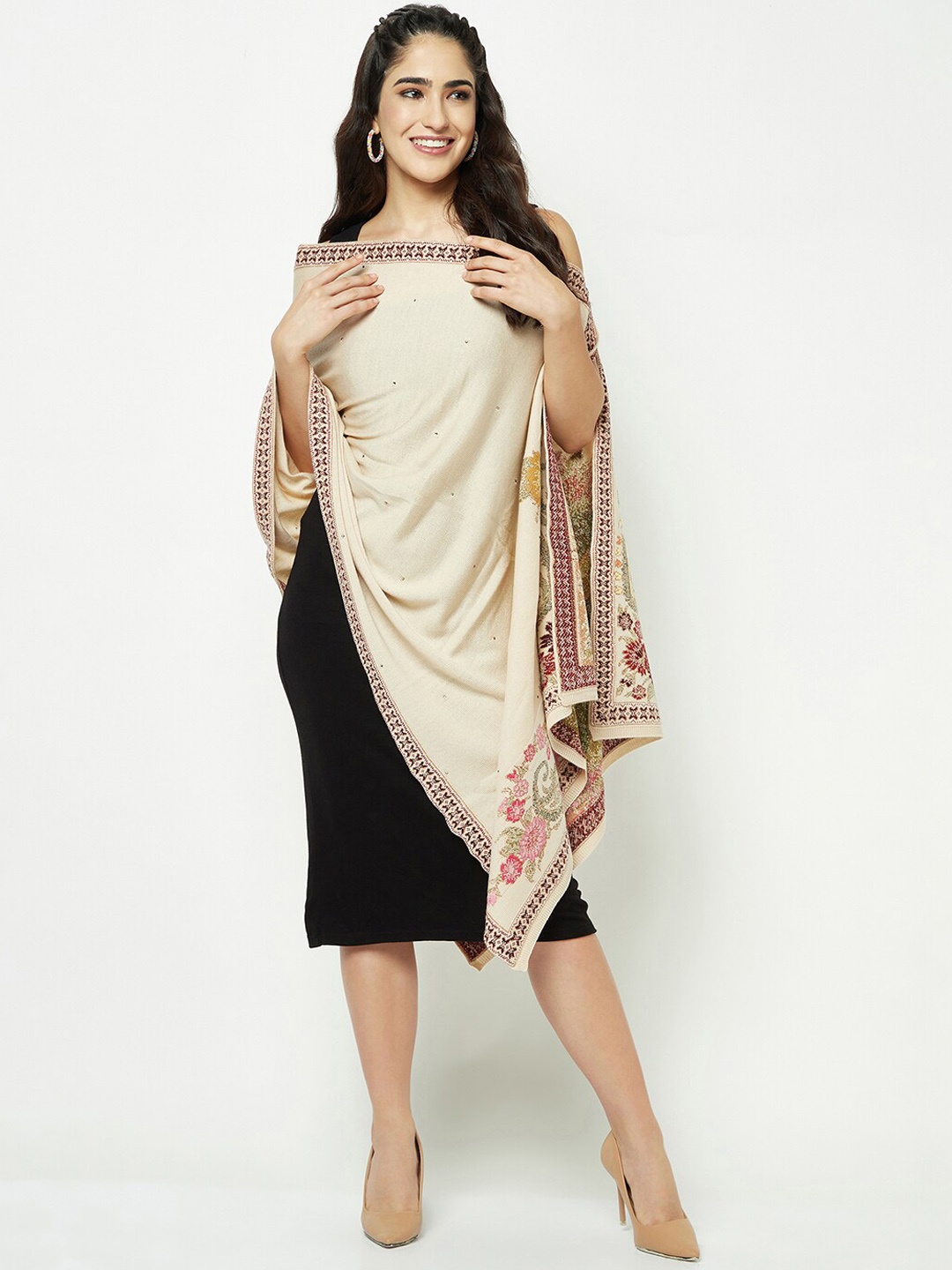

Knitstudio Women Floral Woven Design Shawl, Beige