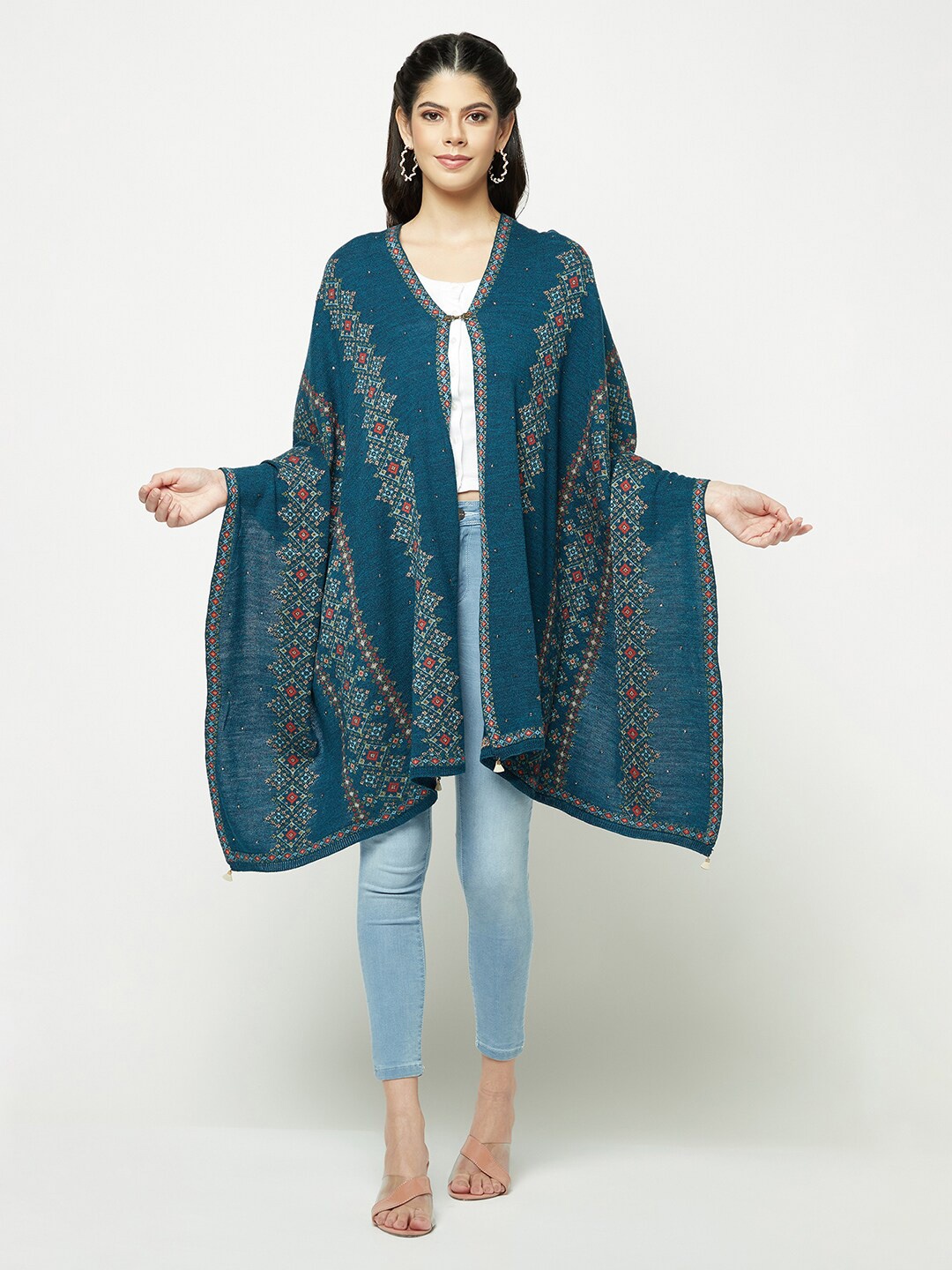 

Knitstudio Women Floral Woven Design Shawl, Teal