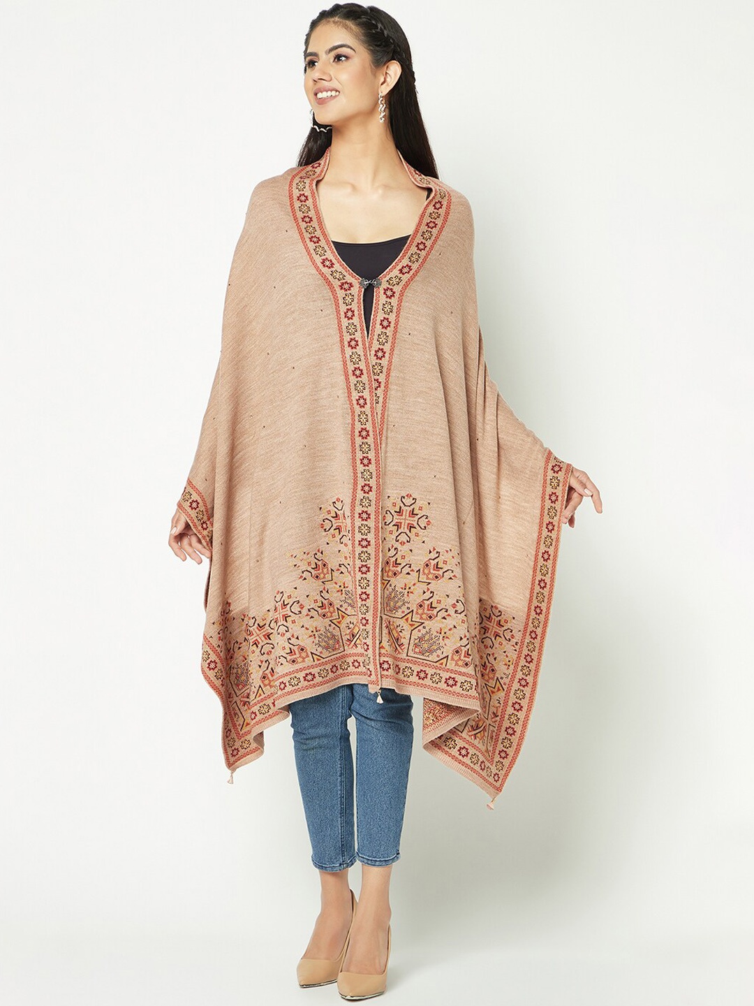 

Knitstudio Women Floral Woven Design Shawl, Beige