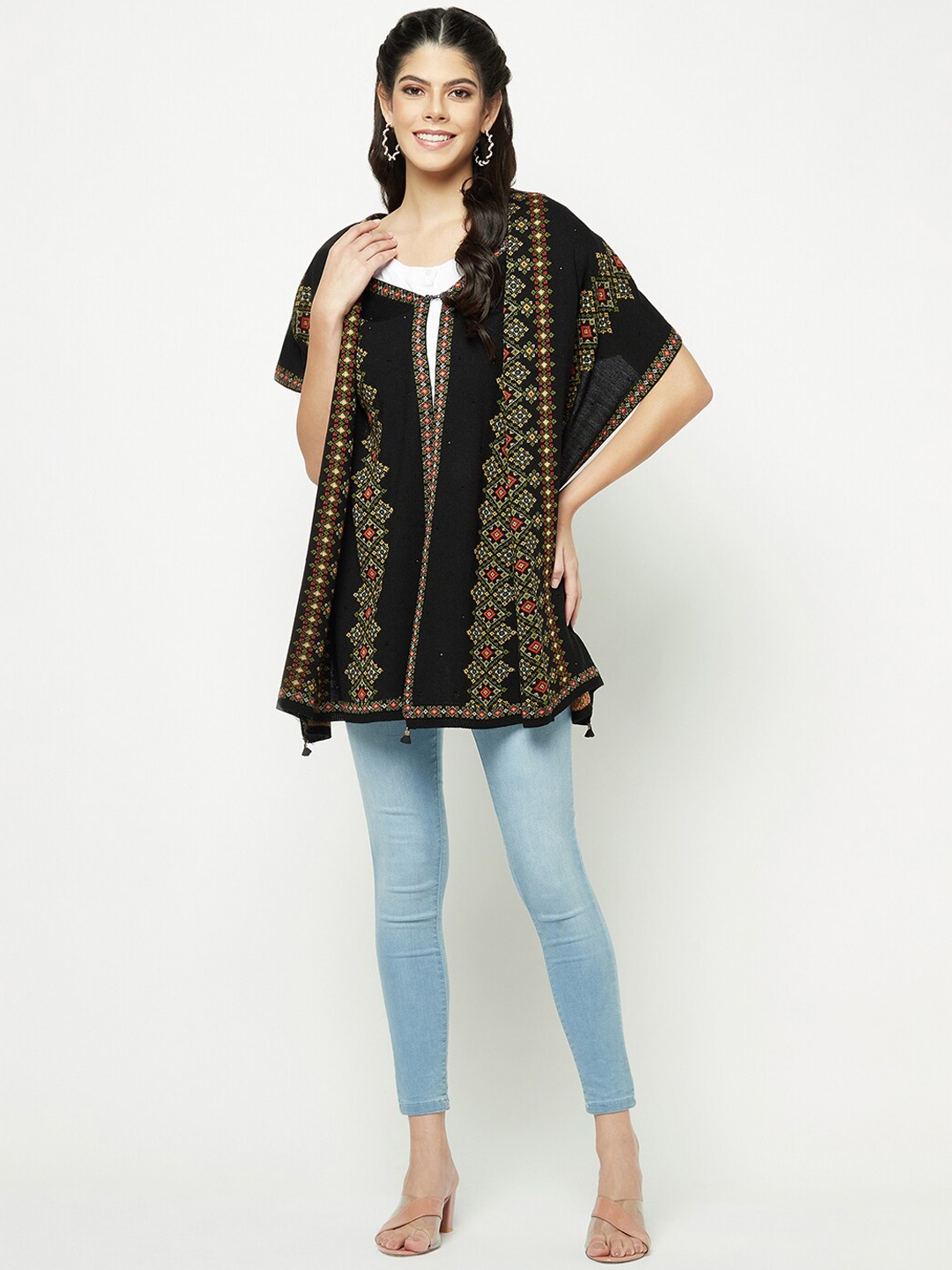 

Knitstudio Women Ethnic Motifs Woven Design Shawl, Black