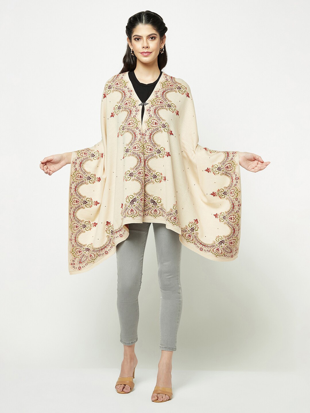 

Knitstudio Ethnic Motifs Woven-Design Acrylic Woollen Shawl, Beige