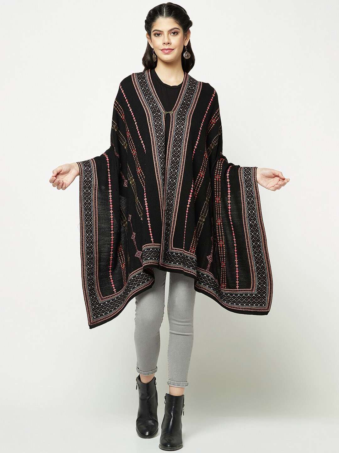 

Knitstudio Ethnic Motifs Woven Design Shawl, Black