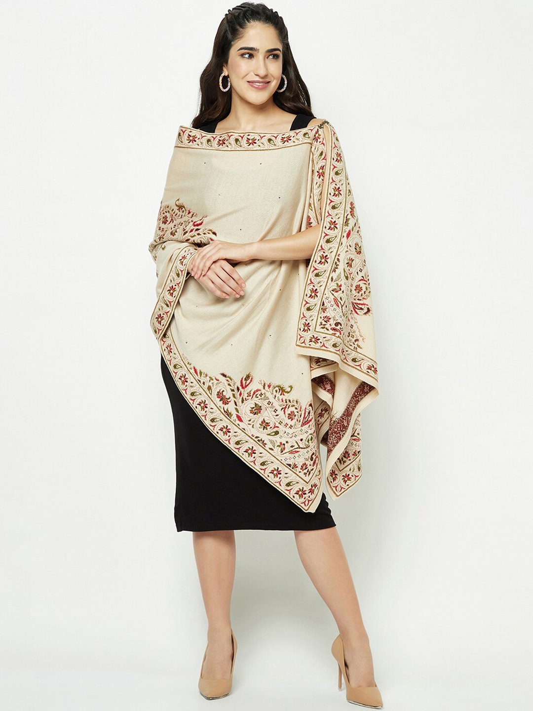 

Knitstudio Ethnic Motifs Self Design Woolen Acrylic Shawl, Beige