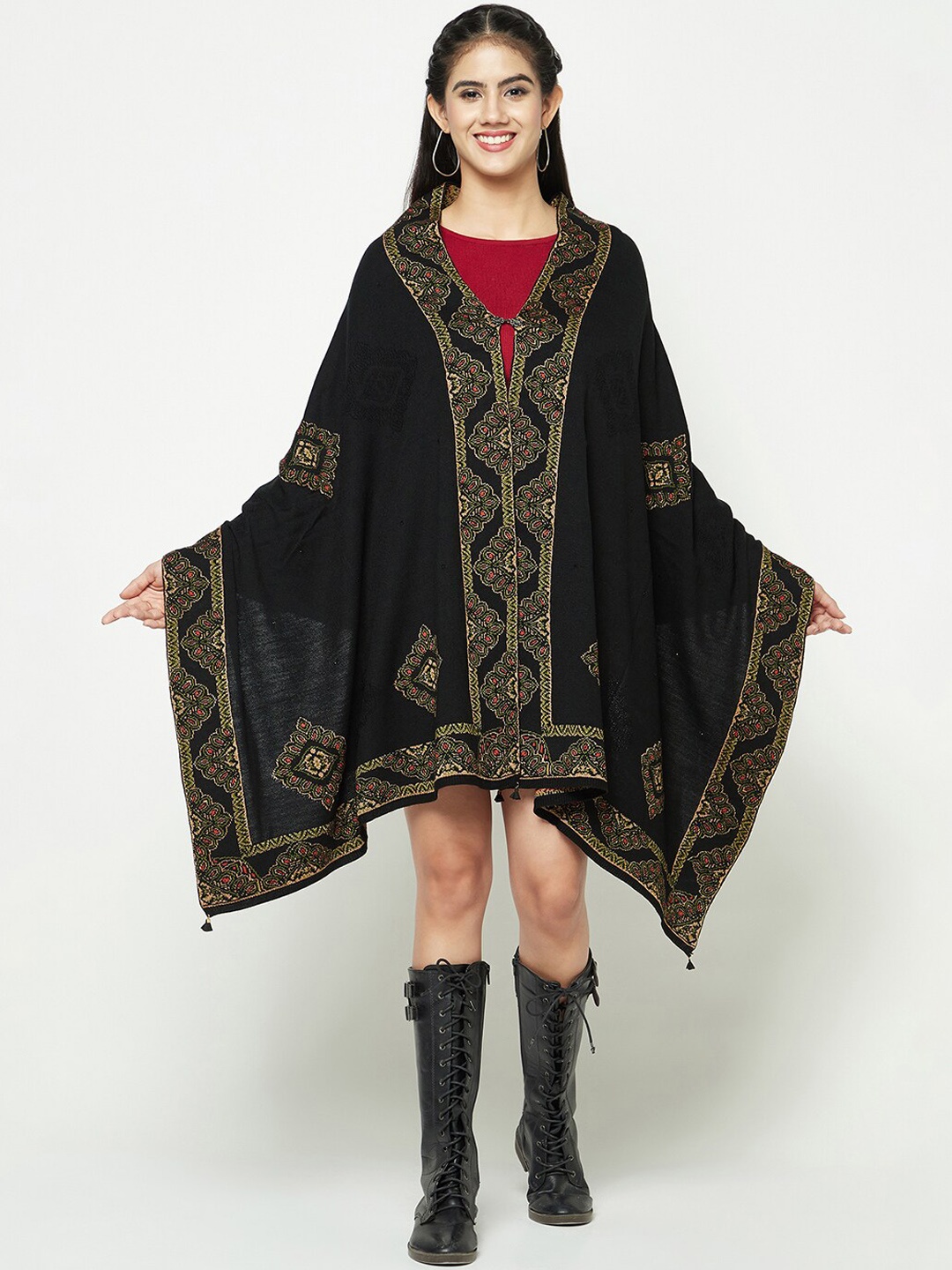 

Knitstudio Ethnic Motifs Self Design Shawl, Black