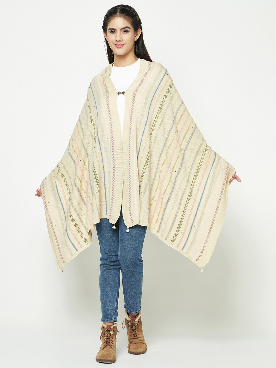 

Knitstudio Ethnic Motifs Woven Design Shawl, Beige
