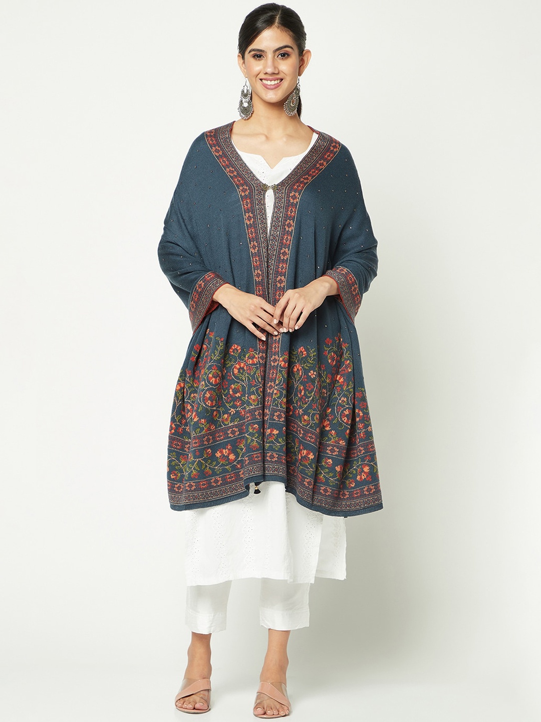 

Knitstudio Floral Woven-Design Acrylic Woollen Shawl, Teal