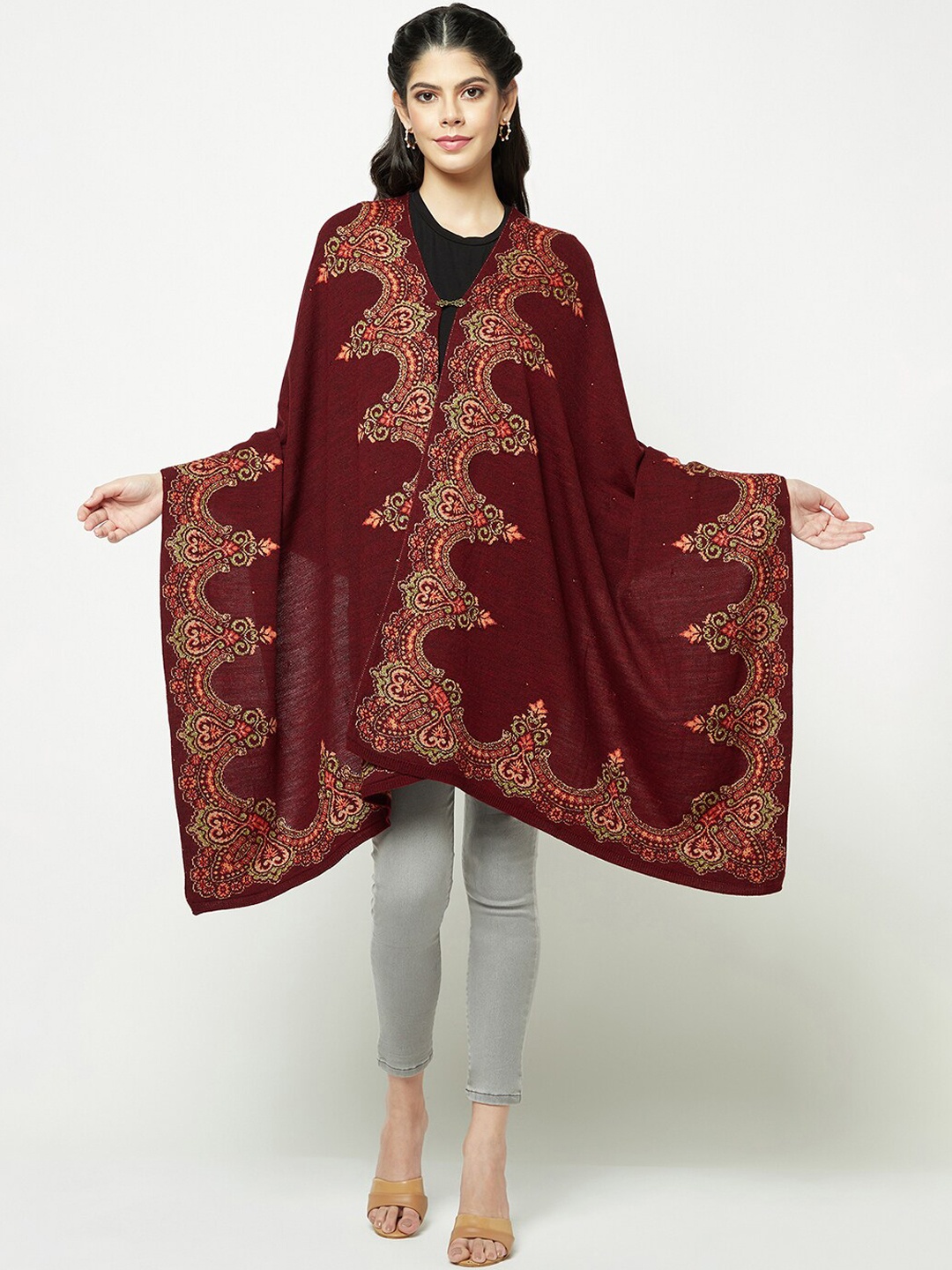 

Knitstudio Ethnic Motifs Woven-Design Acrylic Woollen Shawl, Maroon