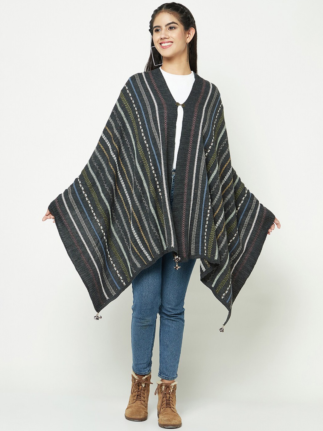 

Knitstudio Striped Woolen Acrylic Shawl, Grey