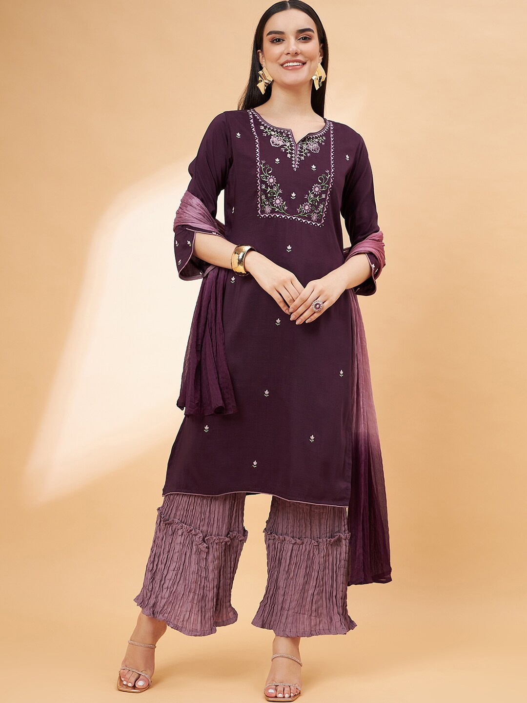 

Sangria Floral Embroidered Round Neck Kurta With Trousers & Dupatta, Purple