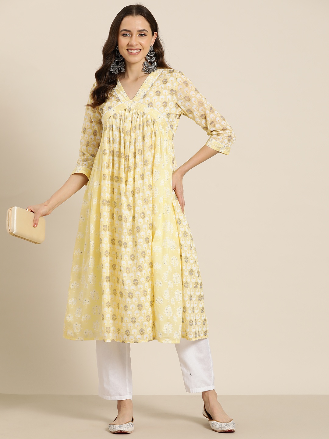 

HERE&NOW Women Ethnic Motifs Printed A-Line Kurta, Yellow