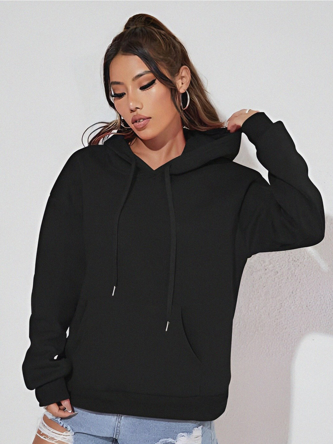 

KALINI Hooded Long Sleeves Cotton Pullover Sweatshirt, Black