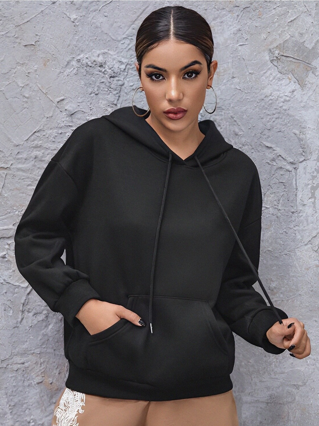 

KALINI Hooded Long Sleeves Cotton Pullover Sweatshirt, Black