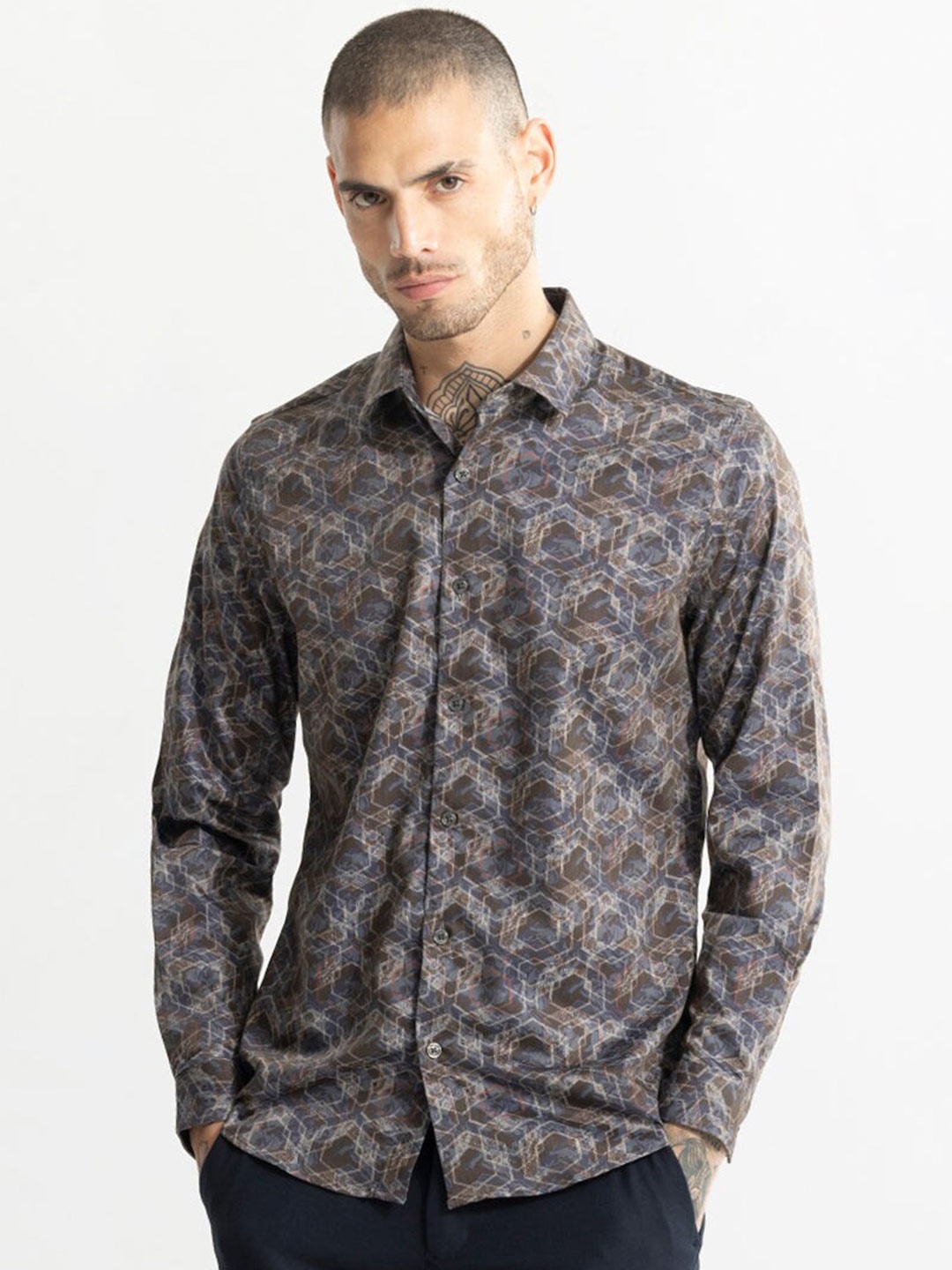 

Snitch Grey Classic Slim Fit Abstract Printed Cotton Casual Shirt