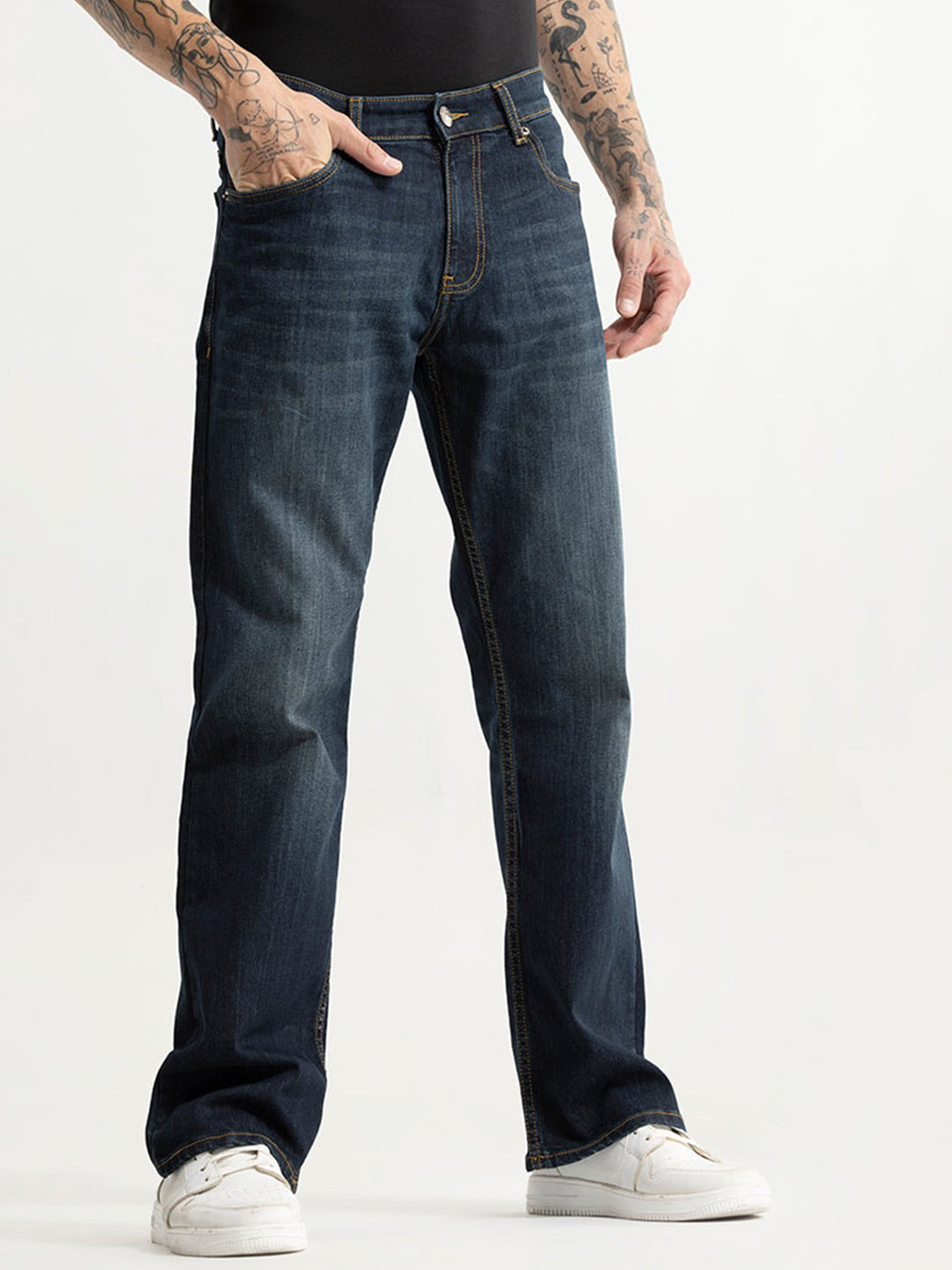 

Snitch Men Bootcut Light Fade Clean Look Cotton Jeans, Blue