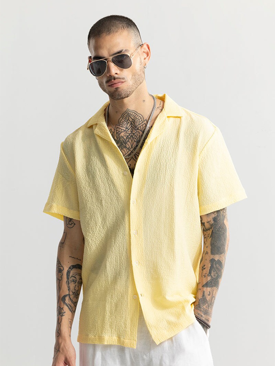 

Snitch Yellow Classic Fit Self Design Cuban Collar Oversized Casual Shirt