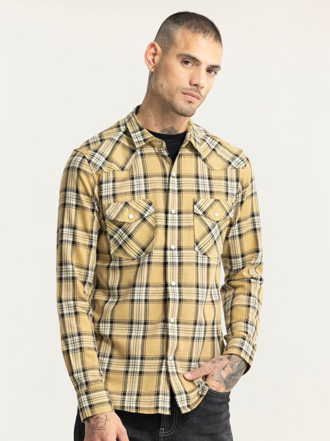 

Snitch Yellow Tartan Checks Classic Slim Fit Cotton Casual Shirt