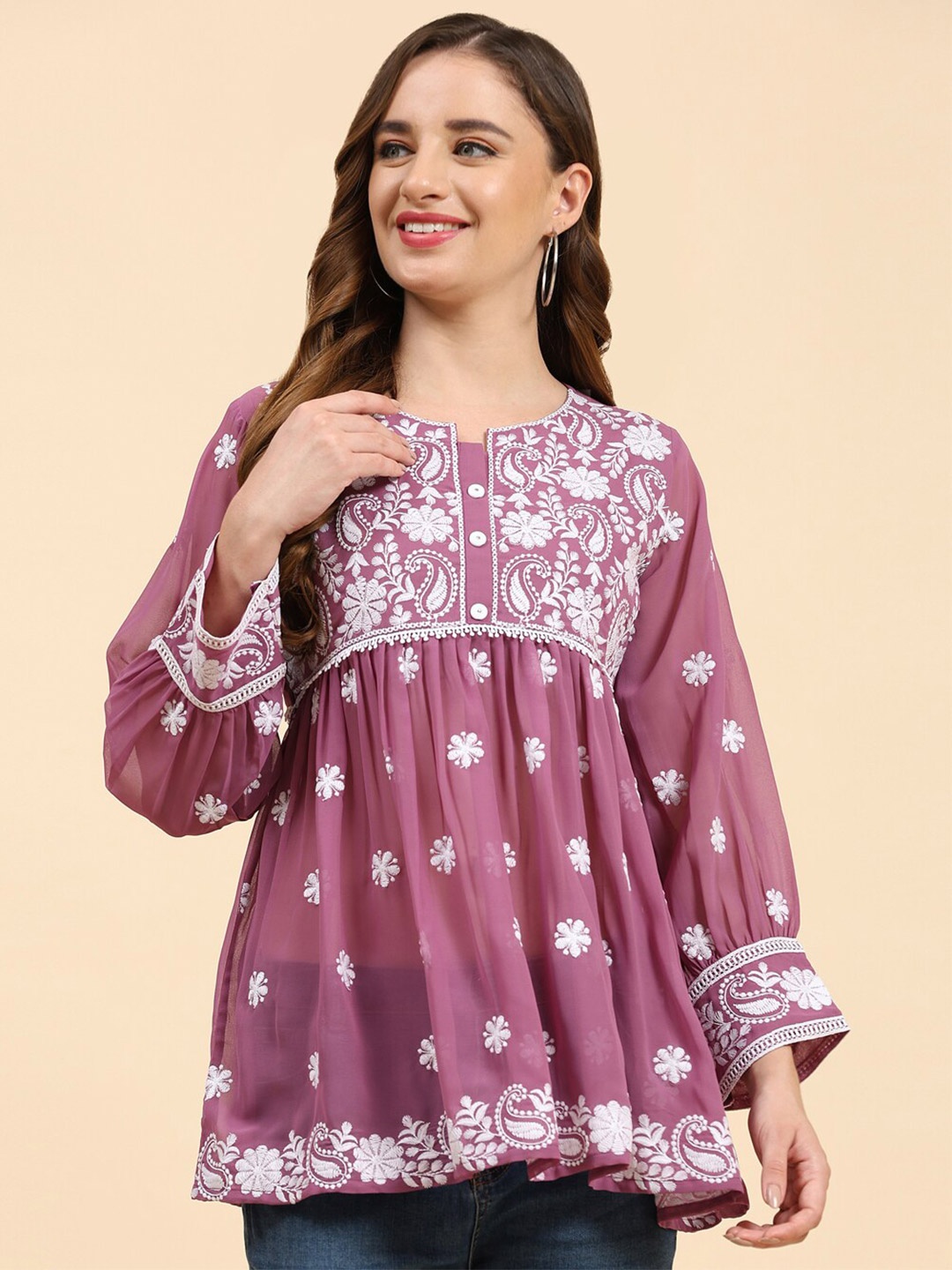 

Growish Ethnic Motifs Embroidered Georgette A-Line Kurti, Purple